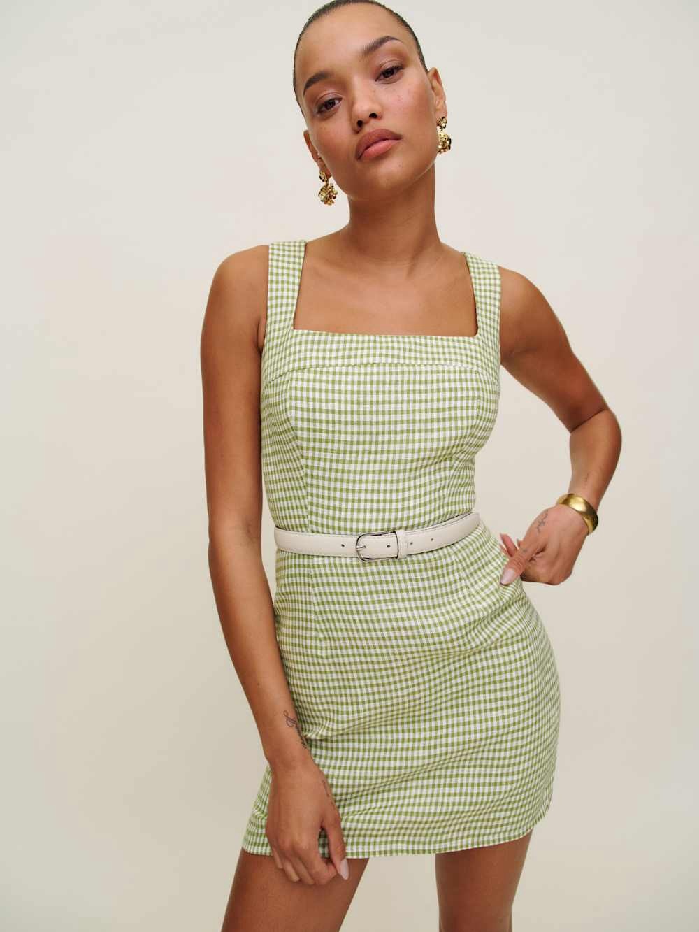Celosia Linen Dress in Avocado Check